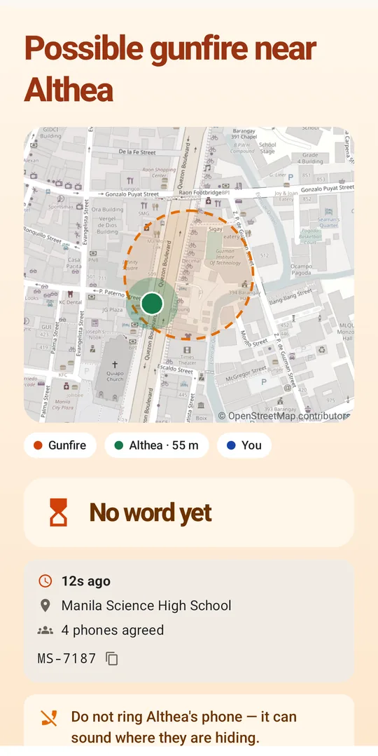 A guardian's alert: a map ringed where gunfire was heard, the child's position beside it, and a button to call 911.