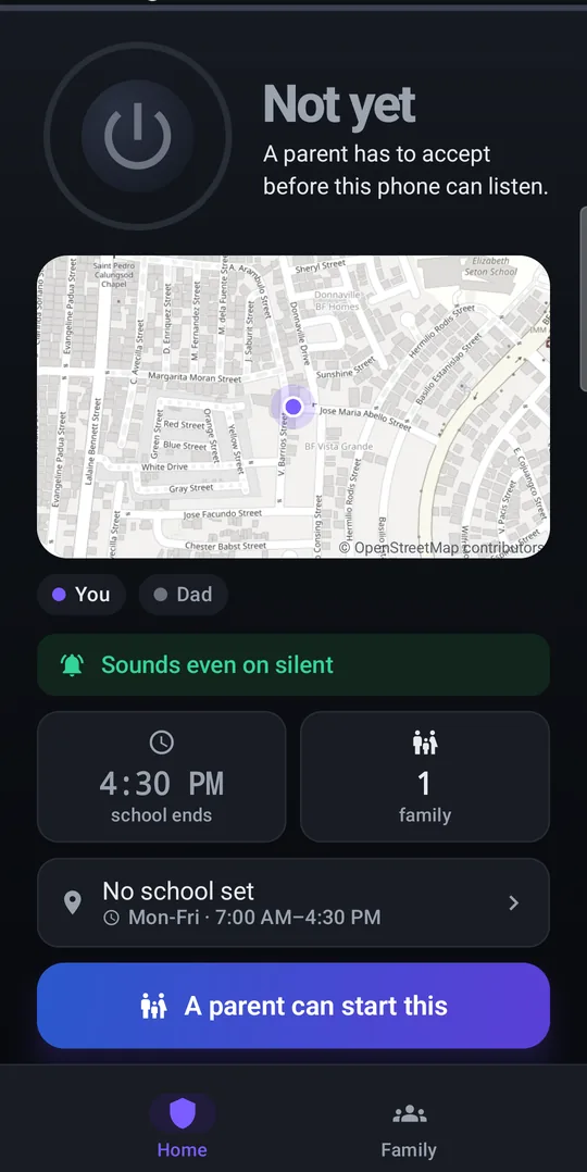 A student's home screen: the listening dial, the current state, and a live map with both paired phones on it.